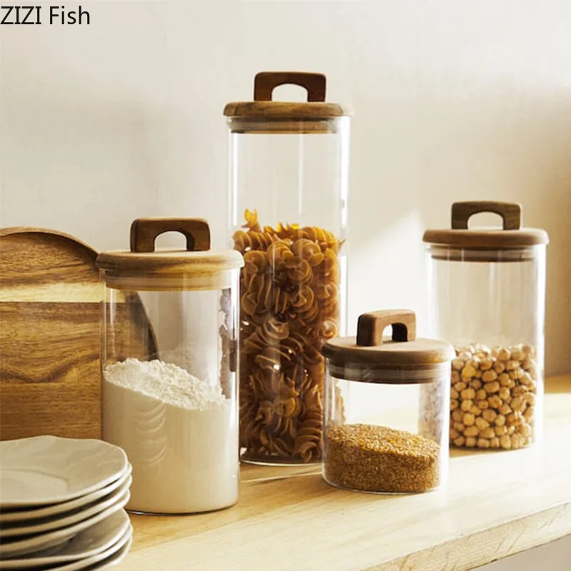 Food Storage Lidl - برطمان تخزين زجاجي بغطاء خشبي، تصميم
