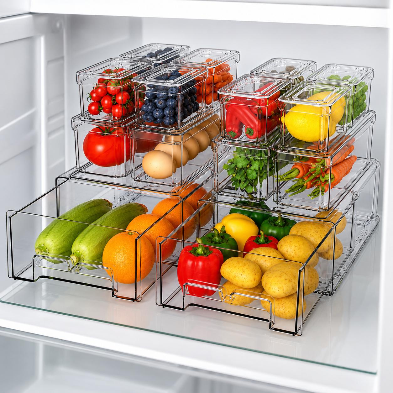 Food Storage Without Pantry - صناديق تنظيم الثلاجة القابلة للتكديس مع